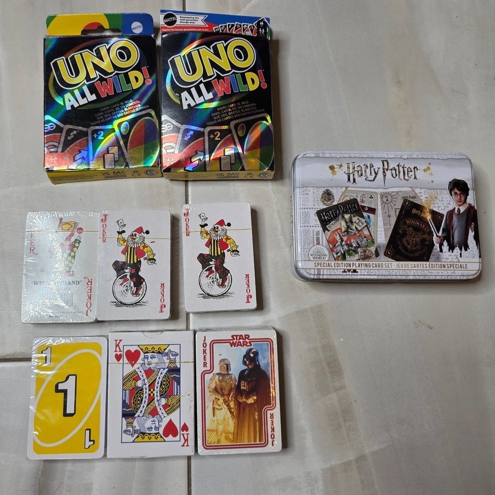 Uno All Wild Harry Potter Star Wars Playing Cards Mixed Game Lot 8 Decks Tin